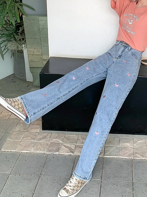 2023 new love embroidered Jeans γυναικείο ίσιο παντελόνι με φαρδύ πόδι Loose Vintage σφουγγάρισμα παντελόνι τζιν