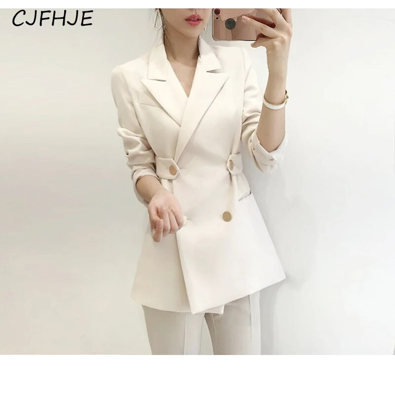 CJFHJE egyszínű női öltönykabát Tavaszi koreai divat, karcsúsított, dupla mellű női öltönydzseki sokoldalú, hosszú ujjú öltönydzseki