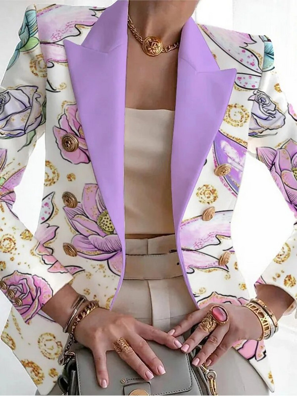 2024. aasta kevadsügis, uus naiste komplekt pikkade varrukatega vabaaja moe stiilis V-kaelusega prindikomplekt Slim Fit, suured naiste väikesed ülikonnatopid