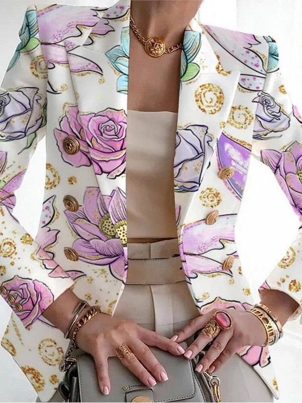 2024. aasta kevadsügis, uus naiste komplekt pikkade varrukatega vabaaja moe stiilis V-kaelusega prindikomplekt Slim Fit, suured naiste väikesed ülikonnatopid