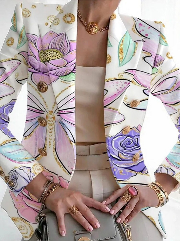 2024. aasta kevadsügis, uus naiste komplekt pikkade varrukatega vabaaja moe stiilis V-kaelusega prindikomplekt Slim Fit, suured naiste väikesed ülikonnatopid