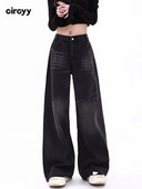 Blugi largi, negri, pentru femei, blugi cu talie înaltă, cu nasturi, lungime întreagă, cu picior lat, pantaloni din denim, spălați, Y2k, vintage, drepți, 2023, noi