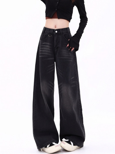 Blugi largi, negri, pentru femei, blugi cu talie înaltă, cu nasturi, lungime întreagă, cu picior lat, pantaloni din denim, spălați, Y2k, vintage, drepți, 2023, noi