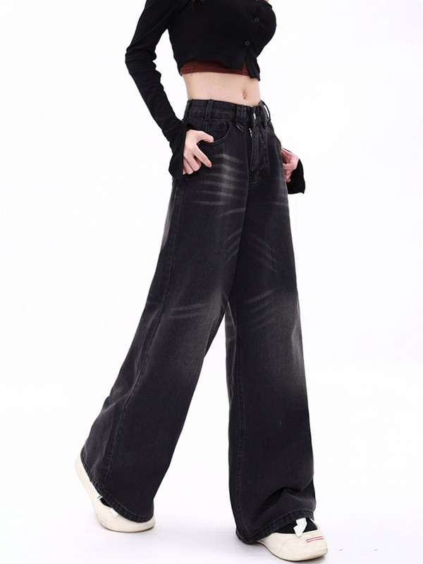 Blugi largi, negri, pentru femei, blugi cu talie înaltă, cu nasturi, lungime întreagă, cu picior lat, pantaloni din denim, spălați, Y2k, vintage, drepți, 2023, noi