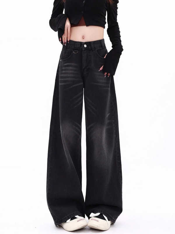 Blugi largi, negri, pentru femei, blugi cu talie înaltă, cu nasturi, lungime întreagă, cu picior lat, pantaloni din denim, spălați, Y2k, vintage, drepți, 2023, noi