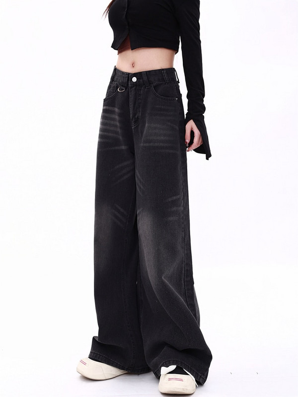 Blugi largi, negri, pentru femei, blugi cu talie înaltă, cu nasturi, lungime întreagă, cu picior lat, pantaloni din denim, spălați, Y2k, vintage, drepți, 2023, noi