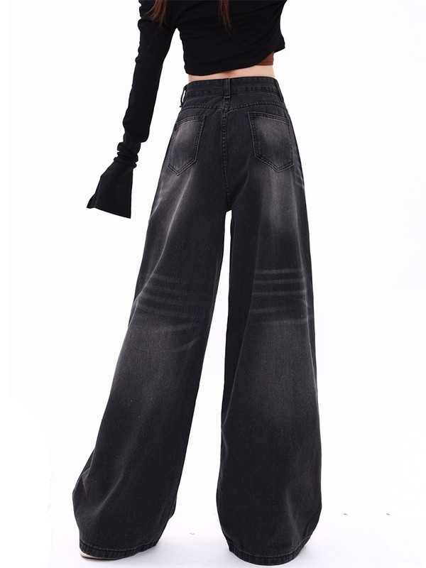 Blugi largi, negri, pentru femei, blugi cu talie înaltă, cu nasturi, lungime întreagă, cu picior lat, pantaloni din denim, spălați, Y2k, vintage, drepți, 2023, noi