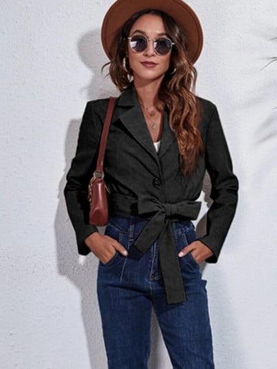 Sutrumpintas moteriškas švarkas ilgomis rankovėmis, kišeninė trumpa striukė moteriška, laisvi, nelaimingi gatvės drabužiai Prašmatnūs viršutiniai drabužiai su įpjova apykakle