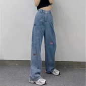 Egyenes, laza kauzális Harajuku koreai Y2k farmer Női Vintage ruházat Magas derekú farmer nadrág betűk hímzés ins farmer nadrág