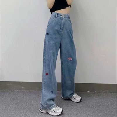 Egyenes, laza kauzális Harajuku koreai Y2k farmer Női Vintage ruházat Magas derekú farmer nadrág betűk hímzés ins farmer nadrág