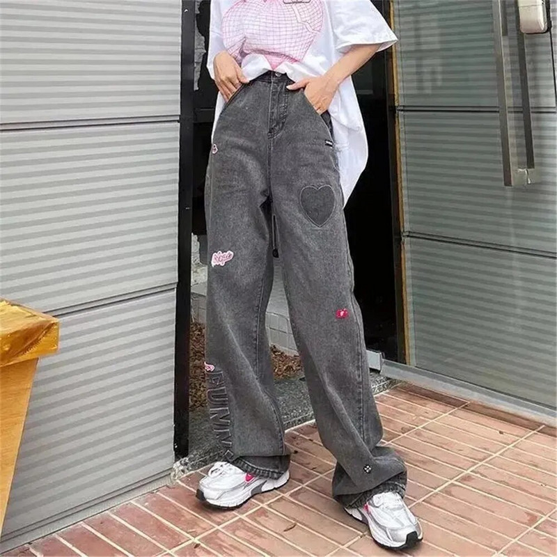 Egyenes, laza kauzális Harajuku koreai Y2k farmer Női Vintage ruházat Magas derekú farmer nadrág betűk hímzés ins farmer nadrág