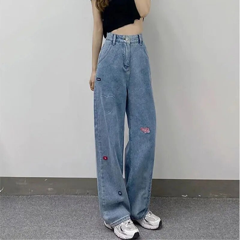 Egyenes, laza kauzális Harajuku koreai Y2k farmer Női Vintage ruházat Magas derekú farmer nadrág betűk hímzés ins farmer nadrág