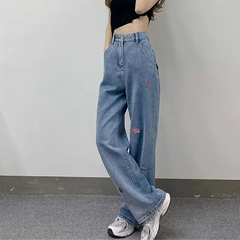 Egyenes, laza kauzális Harajuku koreai Y2k farmer Női Vintage ruházat Magas derekú farmer nadrág betűk hímzés ins farmer nadrág