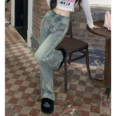 Vintažiniai džinsai, moteriški gatvės drabužiai korėjietiškos mados Y2k plačios kelnės, moteriškos „Pantalon“ moteriškos raidės, siuvinėjimas, laisvalaikio džinsinės kelnės