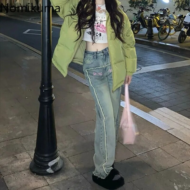 Vintažiniai džinsai, moteriški gatvės drabužiai korėjietiškos mados Y2k plačios kelnės, moteriškos „Pantalon“ moteriškos raidės, siuvinėjimas, laisvalaikio džinsinės kelnės