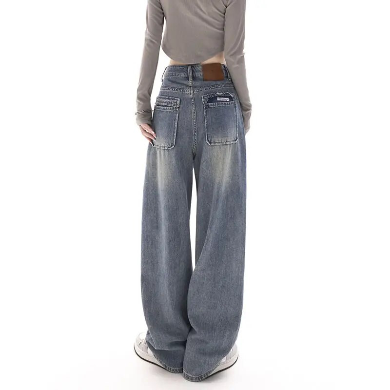 Jednobojne jednostavne ravne široke traperice Ženske američke retro modne traperice visokog struka Harajuku stilske ulične ravne traperice