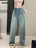 Blugi femei Blugi cu talie înaltă Toamna 2023 New Pearl Lungime întreagă Pantaloni largi din denim Pantaloni de designer vintage de modă, albaștri Y2k