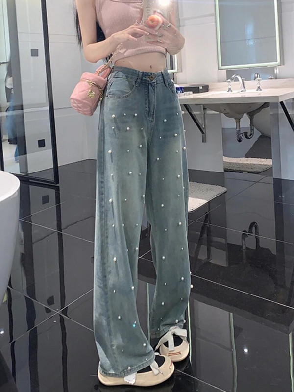 Blugi femei Blugi cu talie înaltă Toamna 2023 New Pearl Lungime întreagă Pantaloni largi din denim Pantaloni de designer vintage de modă, albaștri Y2k