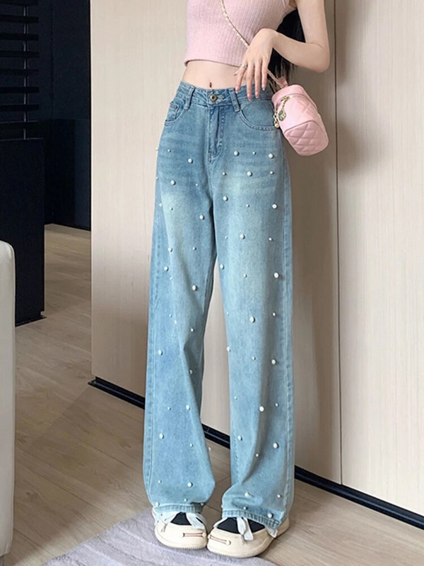 Blugi femei Blugi cu talie înaltă Toamna 2023 New Pearl Lungime întreagă Pantaloni largi din denim Pantaloni de designer vintage de modă, albaștri Y2k