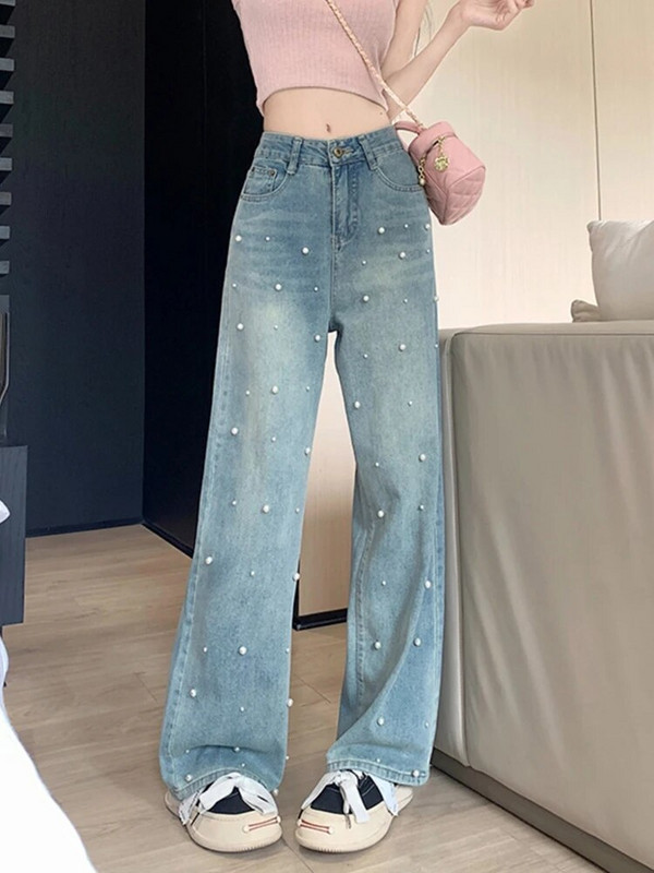 Blugi femei Blugi cu talie înaltă Toamna 2023 New Pearl Lungime întreagă Pantaloni largi din denim Pantaloni de designer vintage de modă, albaștri Y2k