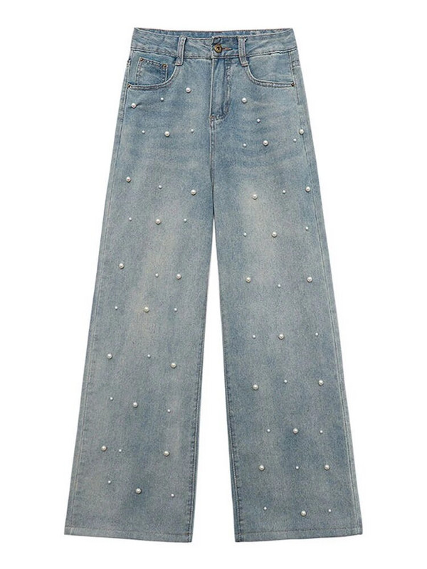 Blugi femei Blugi cu talie înaltă Toamna 2023 New Pearl Lungime întreagă Pantaloni largi din denim Pantaloni de designer vintage de modă, albaștri Y2k