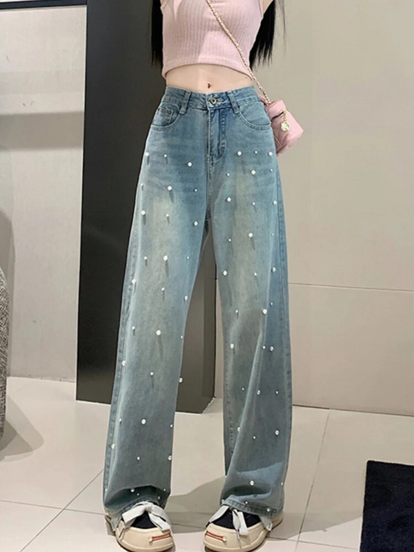Blugi femei Blugi cu talie înaltă Toamna 2023 New Pearl Lungime întreagă Pantaloni largi din denim Pantaloni de designer vintage de modă, albaștri Y2k