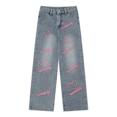 QWEEK Vintage 90-es évek Streetwear Star Blue Jeans Női Y2K Grunge Szomorú hímzés Túlméretes széles szárú farmer nadrág női retro