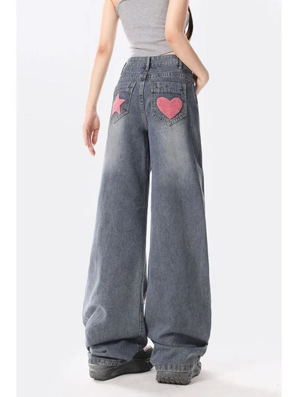 QWEEK Vintage 90-es évek Streetwear Star Blue Jeans Női Y2K Grunge Szomorú hímzés Túlméretes széles szárú farmer nadrág női retro