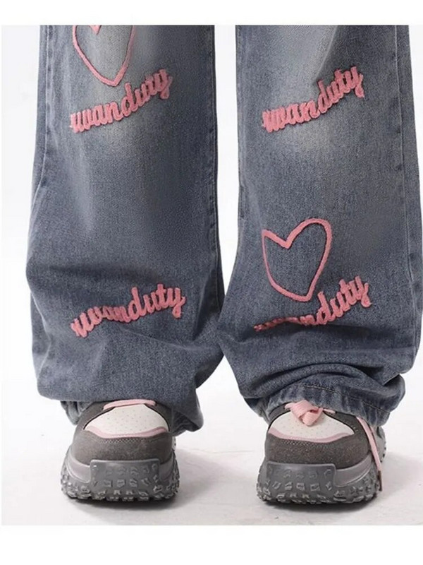 QWEEK Vintage 90-es évek Streetwear Star Blue Jeans Női Y2K Grunge Szomorú hímzés Túlméretes széles szárú farmer nadrág női retro