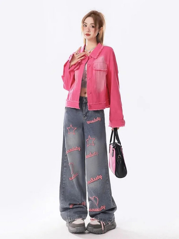 QWEEK Vintage 90-es évek Streetwear Star Blue Jeans Női Y2K Grunge Szomorú hímzés Túlméretes széles szárú farmer nadrág női retro