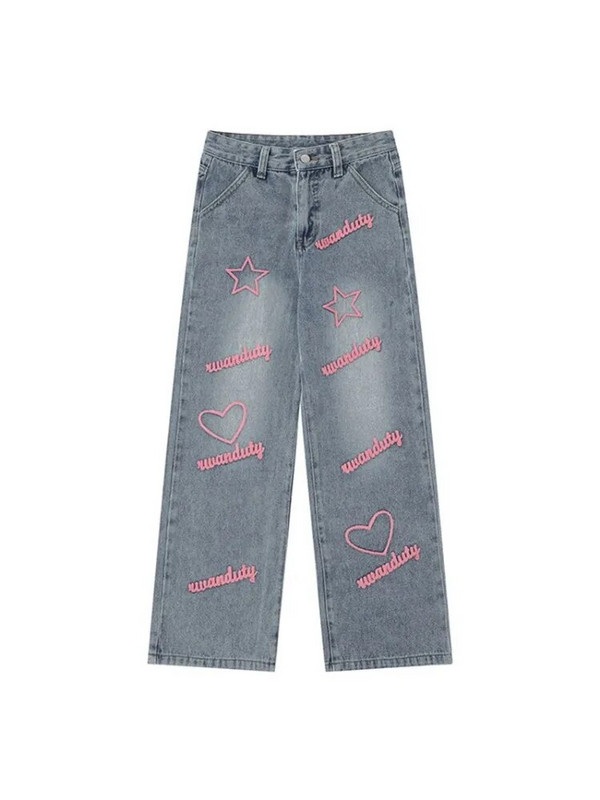 QWEEK Vintage 90-es évek Streetwear Star Blue Jeans Női Y2K Grunge Szomorú hímzés Túlméretes széles szárú farmer nadrág női retro
