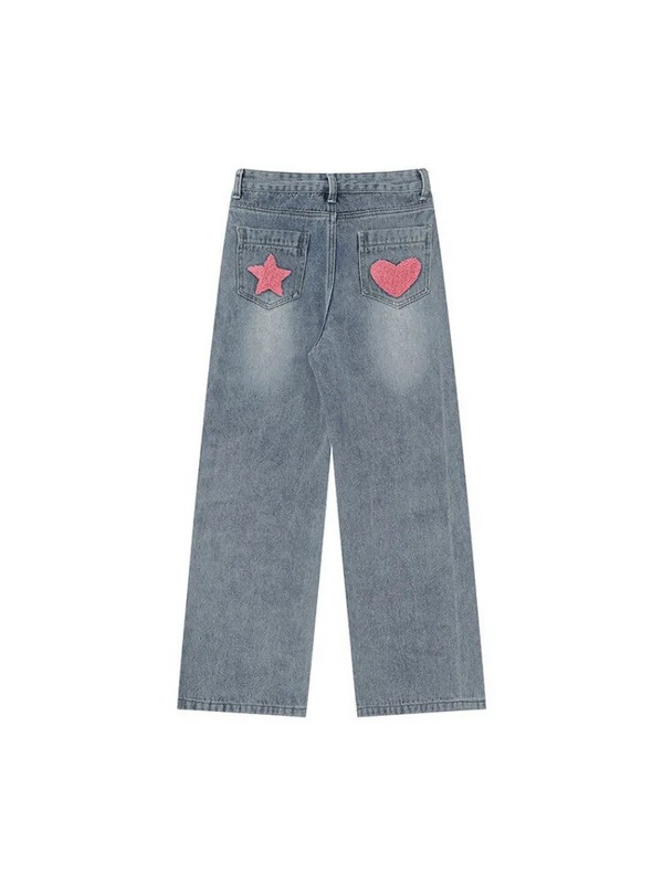 QWEEK Vintage 90-es évek Streetwear Star Blue Jeans Női Y2K Grunge Szomorú hímzés Túlméretes széles szárú farmer nadrág női retro