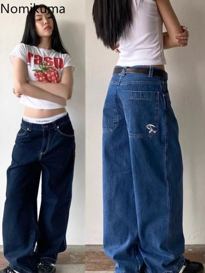 Gatvės drabužiai Vintažiniai Y2j Džinsai Moteriški tiesios kišenės Hafajuku Kasdienis Pantalon Femme Siuvinėjimas Y2k Kelnės Korėjietiški drabužiai