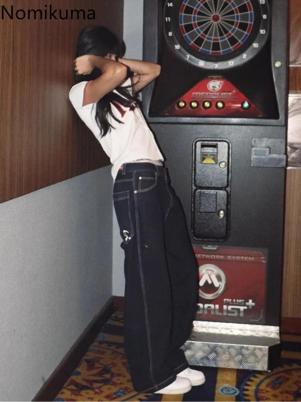 Utcai ruházat Vintage Y2j Farmer Női Egyenes zsebek Hafajuku Alkalmi Pantalon Femme Hímzés Y2k Nadrág Koreai Ruházat