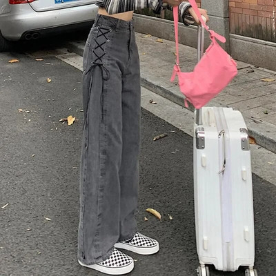 Női magas derekú, széles szárú szürke farmer nadrág Harajuku egyenes cső nadrág fűzős farmer Gótikus kockás nadrág Utcai ruházat