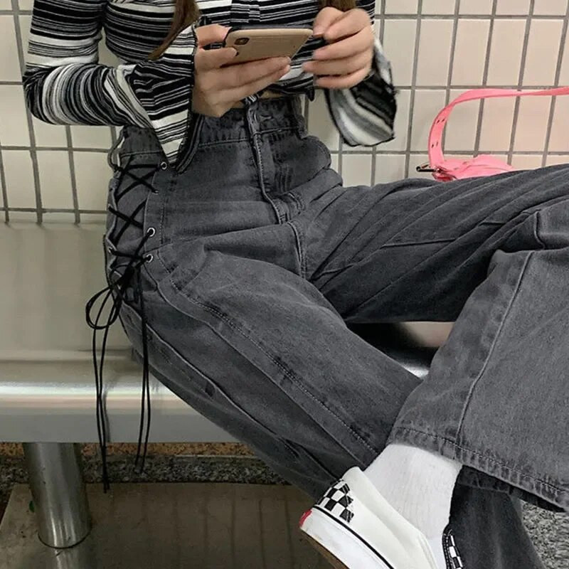 Női magas derekú, széles szárú szürke farmer nadrág Harajuku egyenes cső nadrág fűzős farmer Gótikus kockás nadrág Utcai ruházat