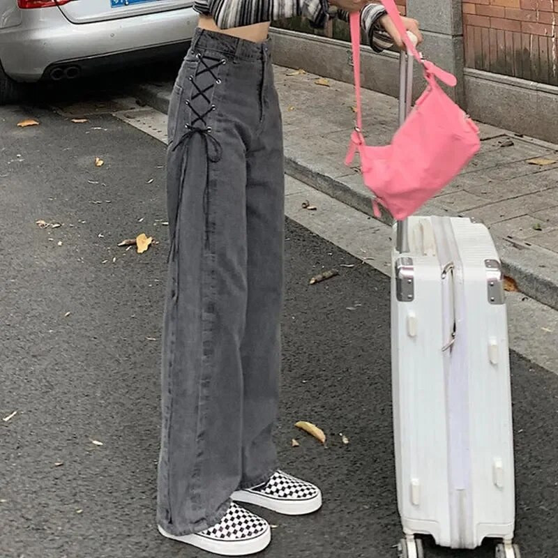 Női magas derekú, széles szárú szürke farmer nadrág Harajuku egyenes cső nadrág fűzős farmer Gótikus kockás nadrág Utcai ruházat