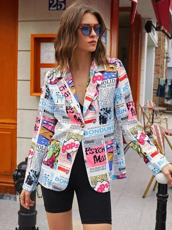 Γυναικείες εφημερίδες Μπλέιζερ με στάμπα Παλτό με λεπτά μίνι γράμματα Graffiti Γυναικεία κοστούμια Μπουφάν OL γιακά με κοντράστ Αντίθεση Χρώμα ζακέτα