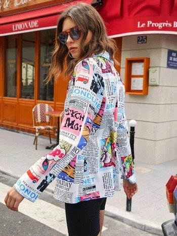Γυναικείες εφημερίδες Μπλέιζερ με στάμπα Παλτό με λεπτά μίνι γράμματα Graffiti Γυναικεία κοστούμια Μπουφάν OL γιακά με κοντράστ Αντίθεση Χρώμα ζακέτα
