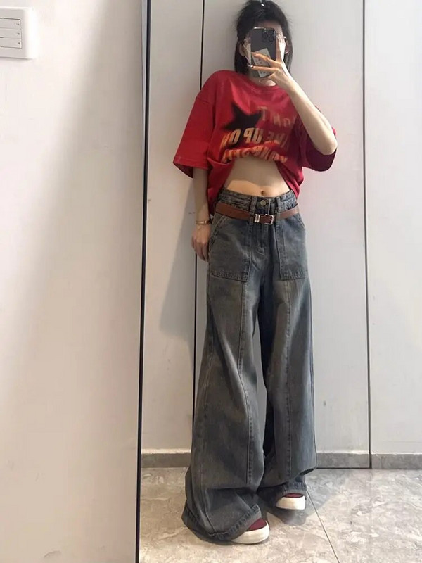 Tavaszi és őszi, magas derekú női, széles szárú farmerek amerikai retro laza, vékony High Street hangulatú, egyenes padlófelmosó nadrágok
