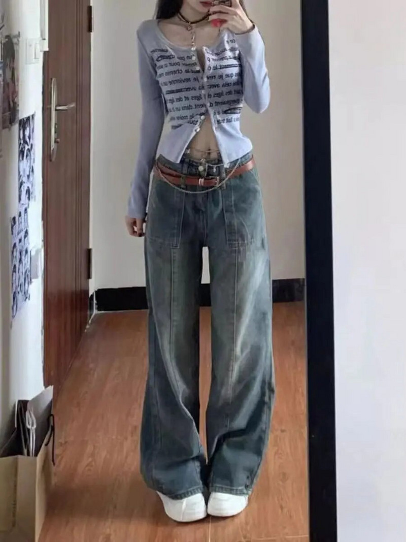 Tavaszi és őszi, magas derekú női, széles szárú farmerek amerikai retro laza, vékony High Street hangulatú, egyenes padlófelmosó nadrágok