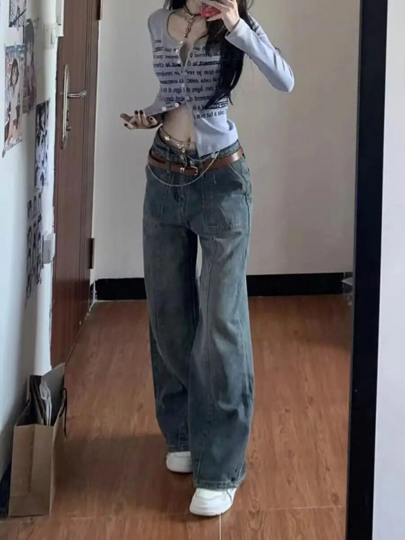 Tavaszi és őszi, magas derekú női, széles szárú farmerek amerikai retro laza, vékony High Street hangulatú, egyenes padlófelmosó nadrágok
