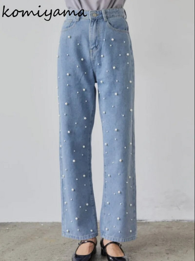 Pearls Patchwork Pantalones Mujer magas derekú női farmer nadrág laza alkalmi Ropa Mujer tavaszi dupla zsebek női ruhák