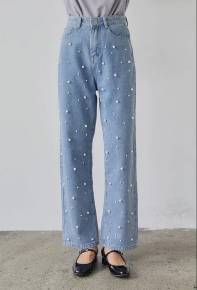 Pearls Patchwork Pantalones Mujer magas derekú női farmer nadrág laza alkalmi Ropa Mujer tavaszi dupla zsebek női ruhák