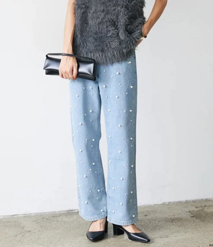Pearls Patchwork Pantalones Mujer magas derekú női farmer nadrág laza alkalmi Ropa Mujer tavaszi dupla zsebek női ruhák