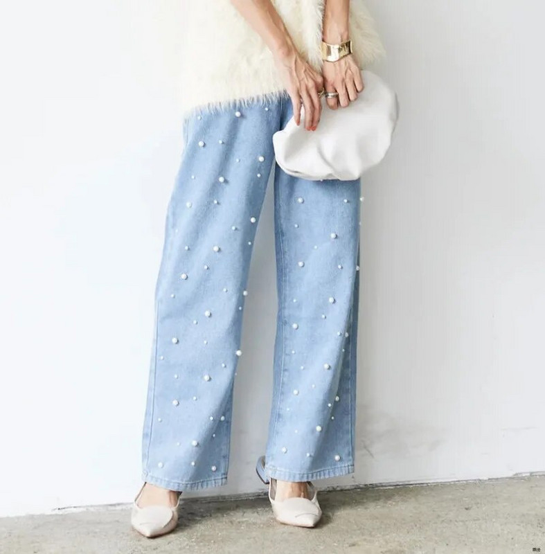 Pearls Patchwork Pantalones Mujer magas derekú női farmer nadrág laza alkalmi Ropa Mujer tavaszi dupla zsebek női ruhák