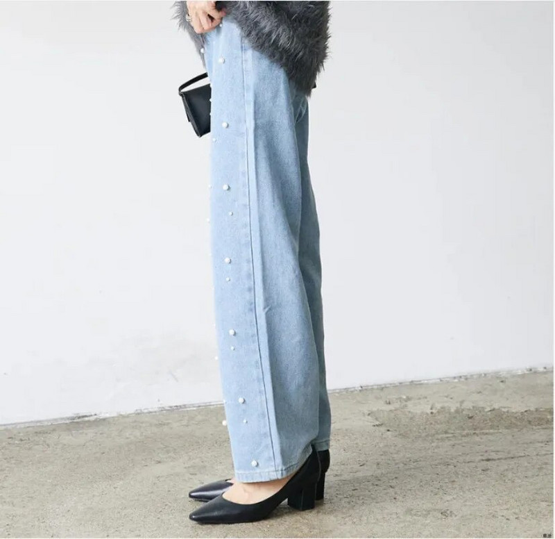 Pearls Patchwork Pantalones Mujer magas derekú női farmer nadrág laza alkalmi Ropa Mujer tavaszi dupla zsebek női ruhák