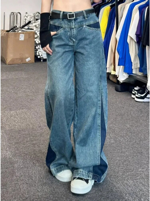 HOUZHOU Harajuku Patchwork női farmer táskás magas derekú farmer nadrág széles szárú vintage kék Y2k Gyaru utcai viselet koreai divat