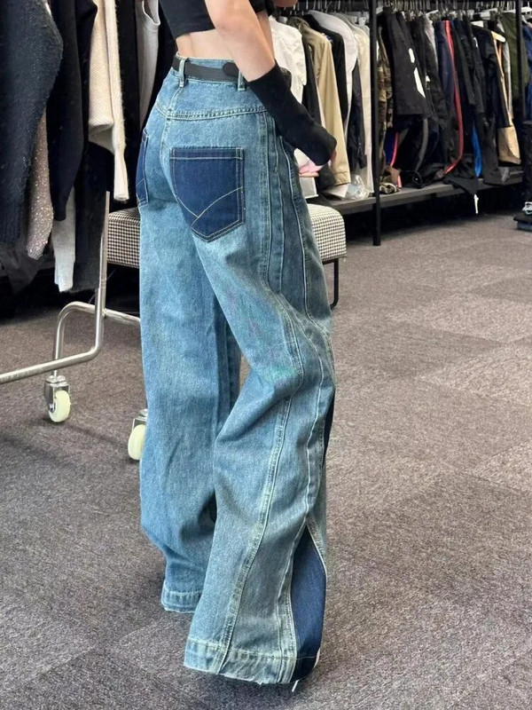 HOUZHOU Harajuku Patchwork női farmer táskás magas derekú farmer nadrág széles szárú vintage kék Y2k Gyaru utcai viselet koreai divat