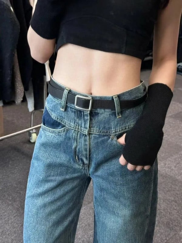 HOUZHOU Harajuku Patchwork női farmer táskás magas derekú farmer nadrág széles szárú vintage kék Y2k Gyaru utcai viselet koreai divat